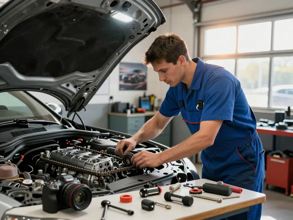 Mechaniker bei der Arbeit, um eine BMW Steuerkette zu wechseln, in einer Werkstatt mit Werkzeugen und hellem Licht.
