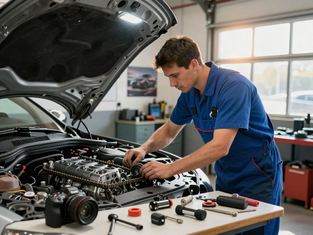 Mechaniker bei der Arbeit, um eine BMW Steuerkette zu wechseln, in einer Werkstatt mit Werkzeugen und hellem Licht.