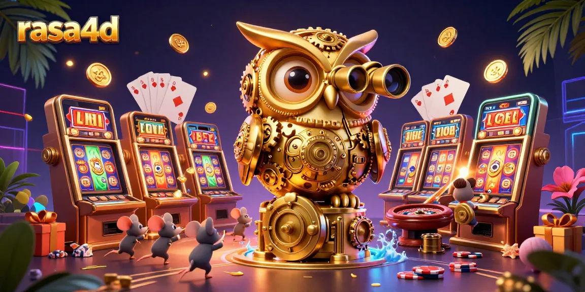 Mengamati permainan slot dengan rasa4d, karakter burung hantu berkilau di kasino yang penuh koin emas.