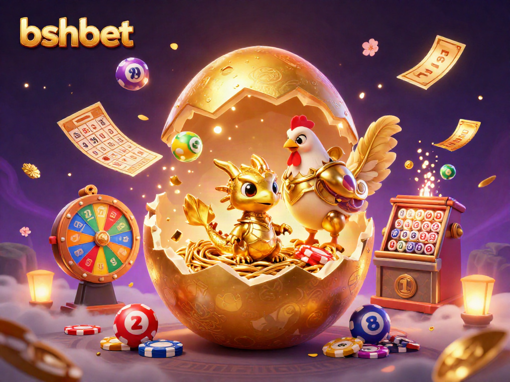 Bshbet showcases a vibrant casino scene with a golden baby dragon among lottery elements and jackpot excitement.