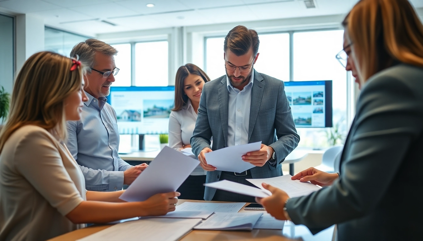 Title Insurance Services agents collaborating in a modern office setting, reviewing property documents.