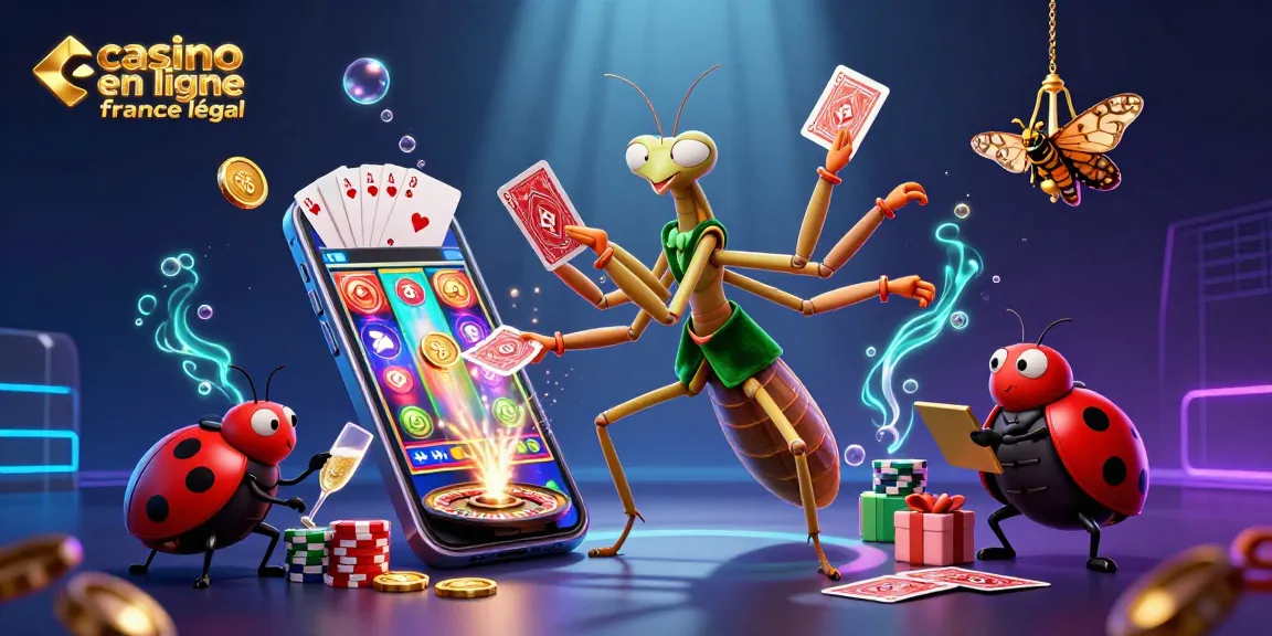 Illustration dynamique représentant un casino en ligne France légal avec des personnages, jeux de cartes, et une ambiance festive.