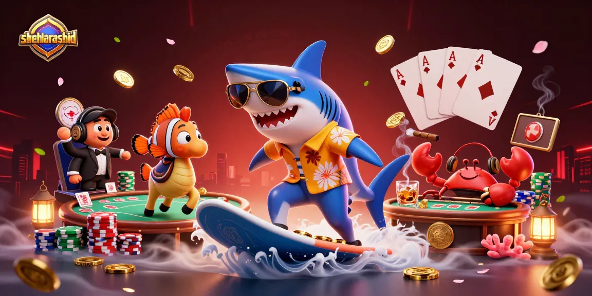 Shehlarashid showcases a 3D shark surfing gold coins amid vibrant casino elements, highlighting fun gaming.
