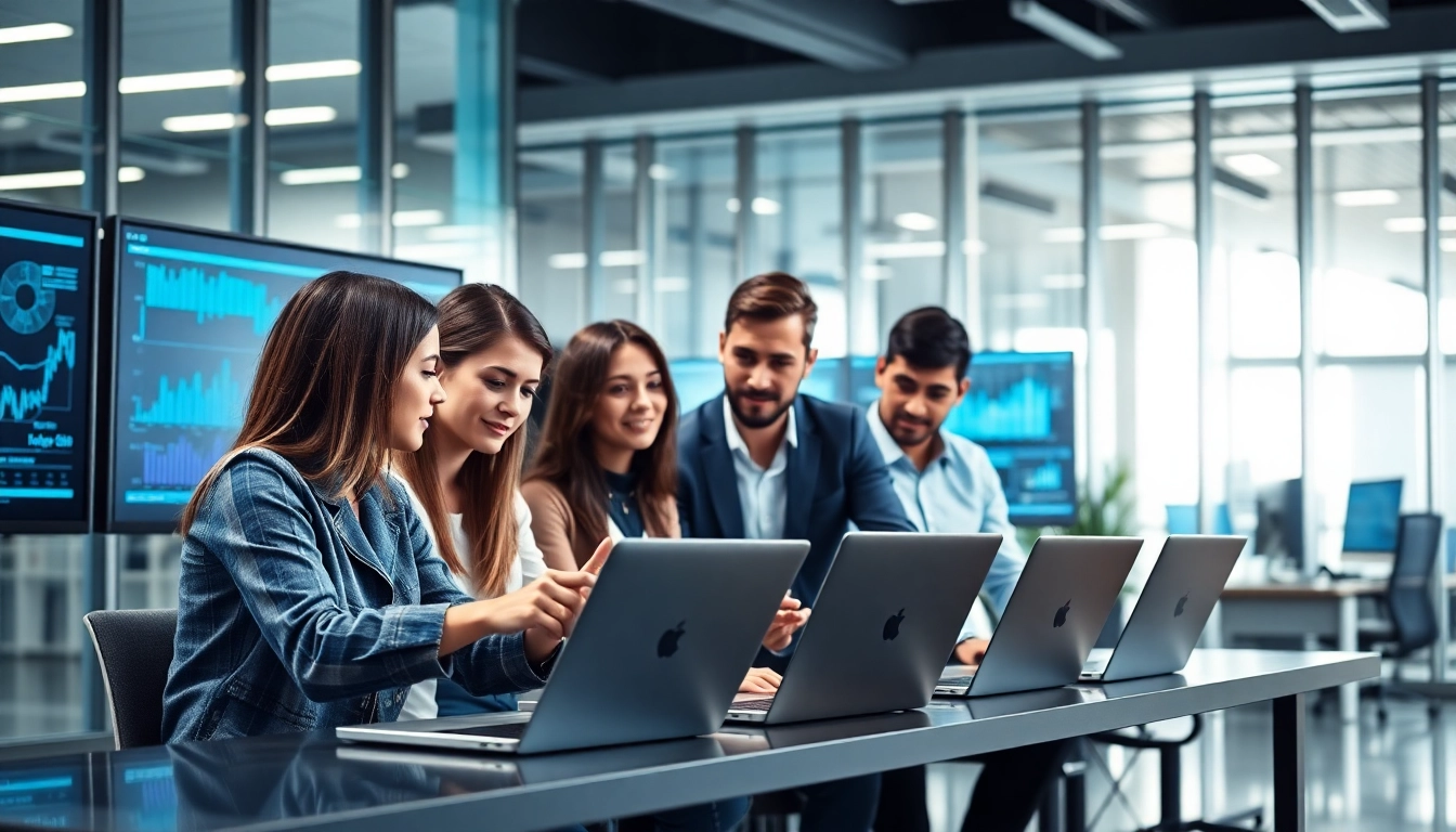 IT support businesses collaborating in a modern setting with laptops and data displays.