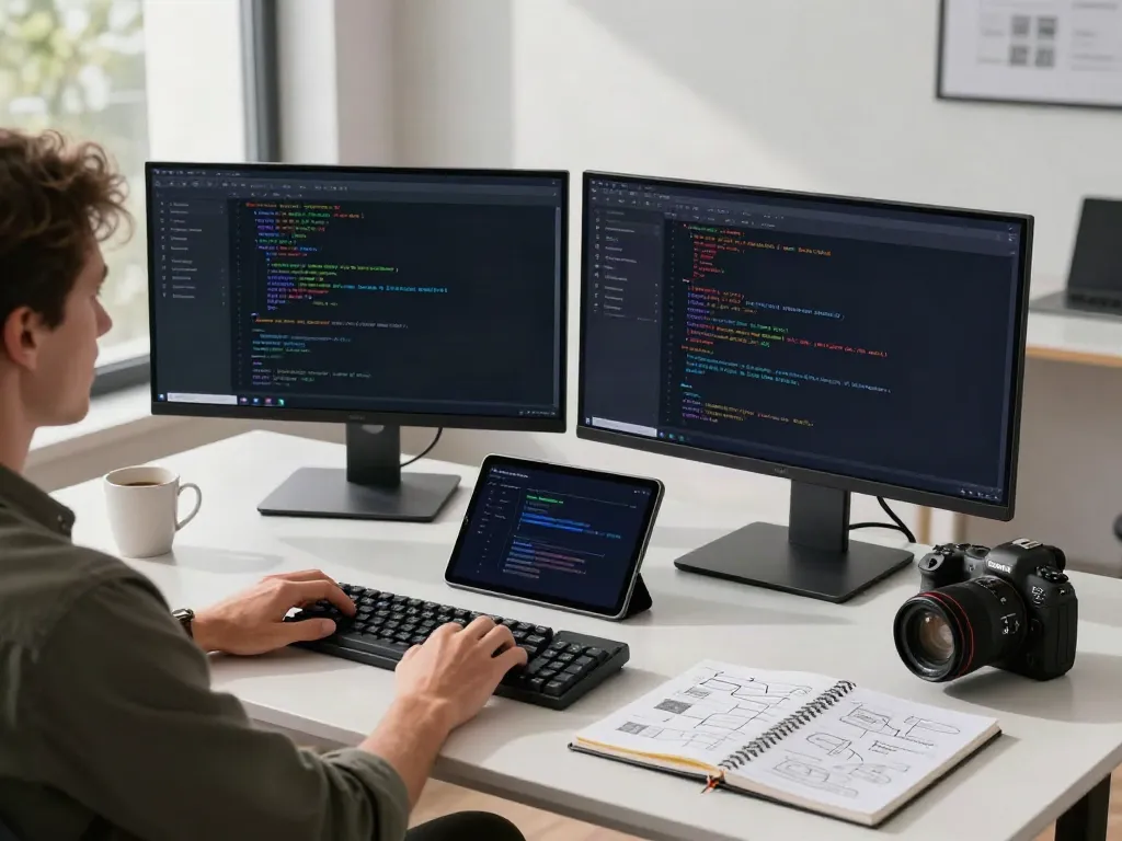 Developer using v2rayN in a modern software workspace with dual monitors and tech gadgets.