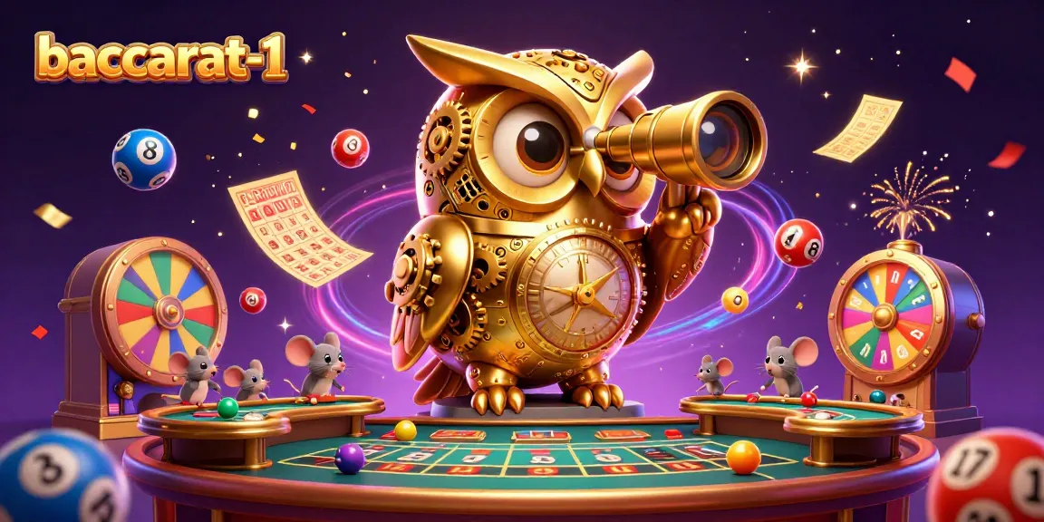 Baccarat-1's immersive casino scene showcases a clockwork owl and lively mouse patrons amidst colorful casino elements.