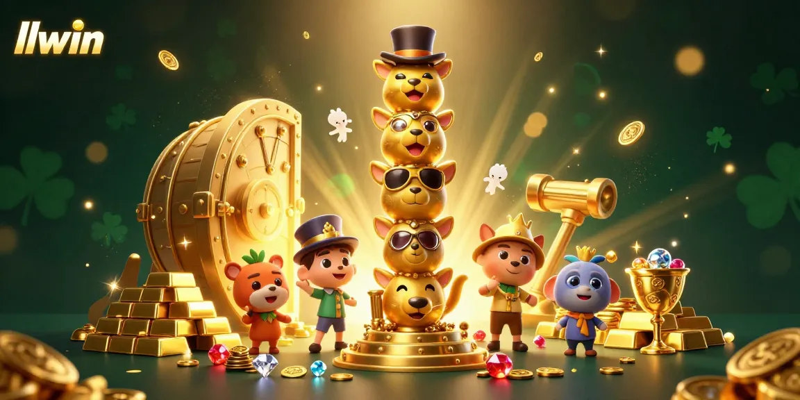 Experience the excitement of gaming with llwin in this vibrant 3D illustration featuring a golden totem pole surrounded by treasures.