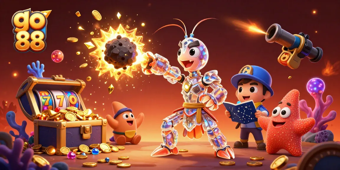 Engage with go 88 in this vibrant scene featuring animated gambling elements like slot reels and treasures.