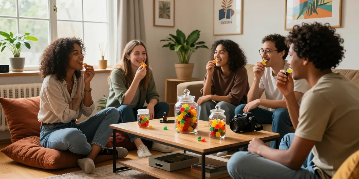 Friends enjoying delta 9 gummies in a cozy living room setting, showcasing relaxation and joy.