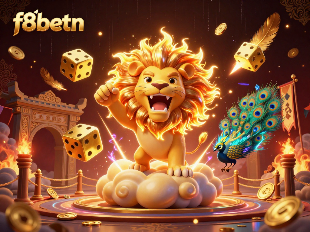Gamblers embrace excitement at f8betn with a dynamic scene of a roaring sun lion amidst vibrant casino elements.