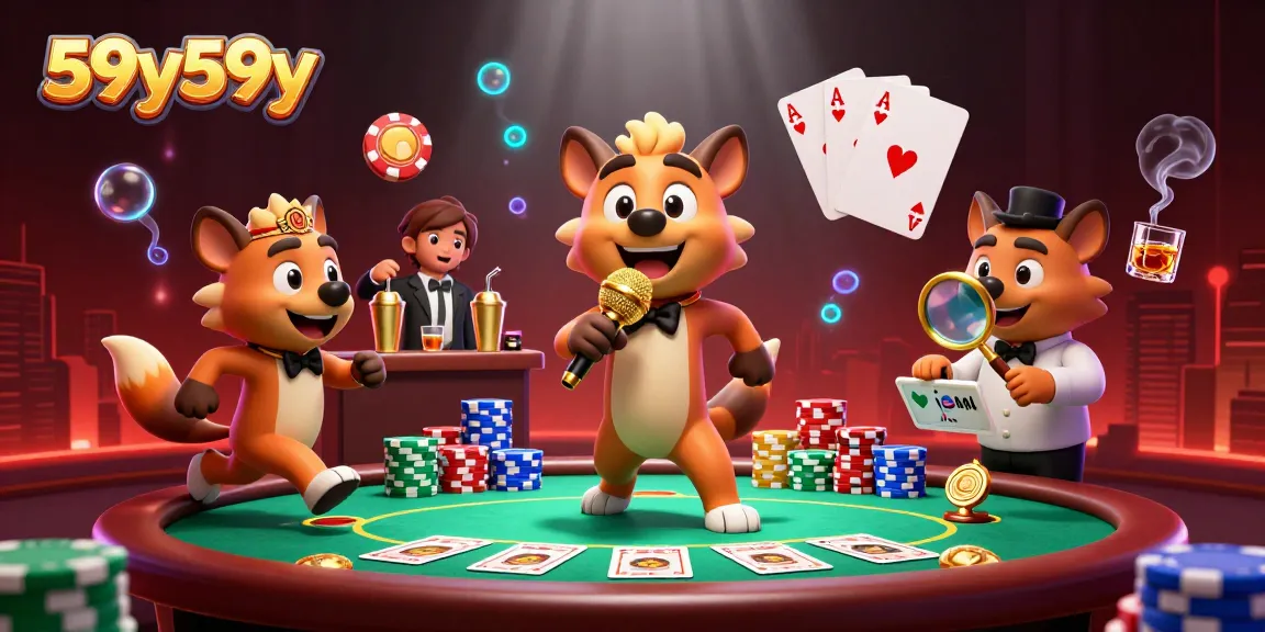 Ilustração 3D animada de hienas em um cassino, mostrando 59y59y em cena vibrante de apostas.