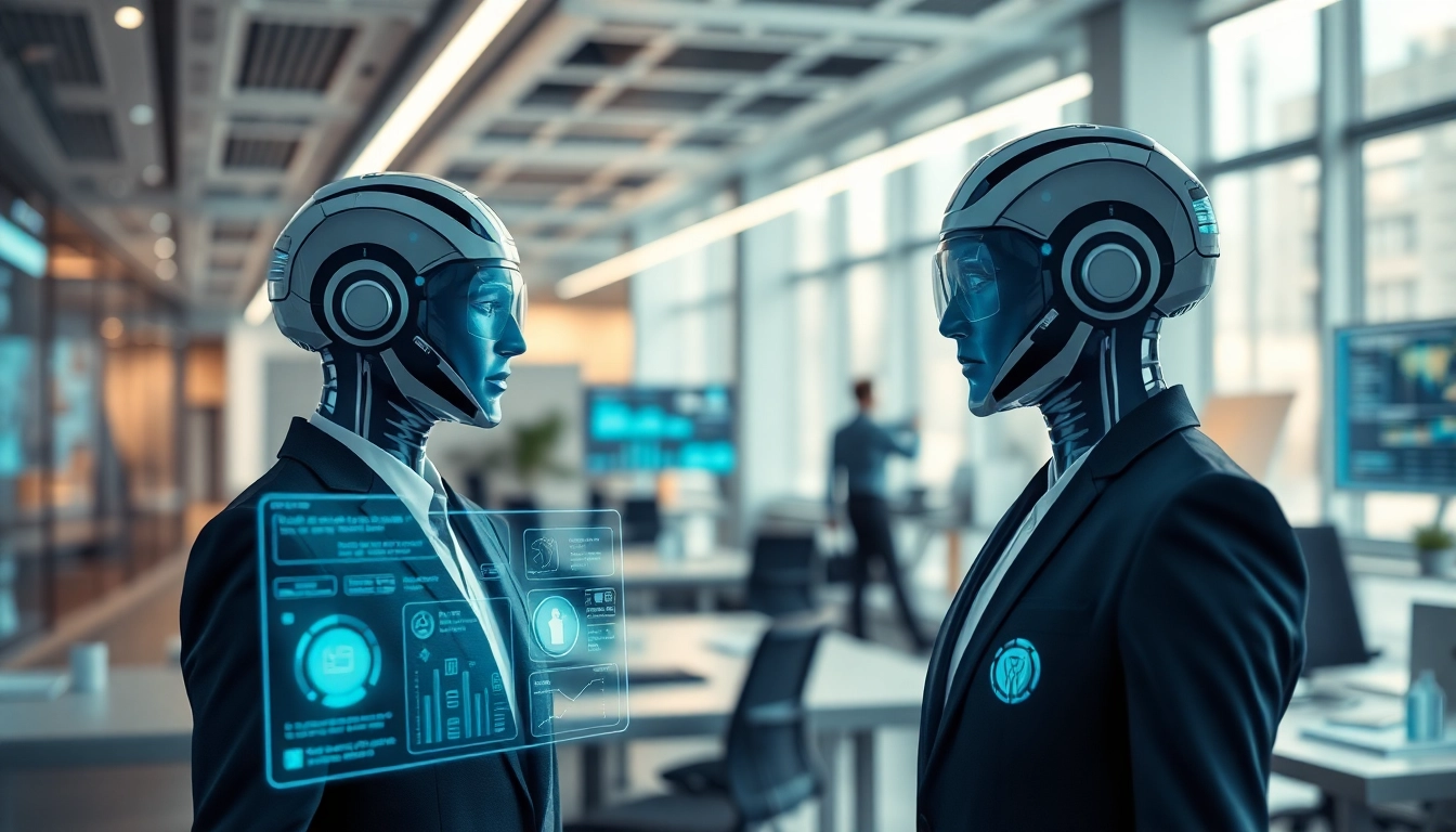 AI agents demonstrating multitasking in a modern digital workspace with holographic interfaces.