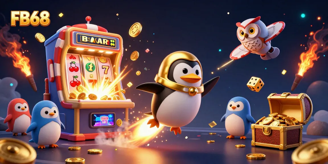 Experience thrilling gameplay at FB68 with a golden penguin launching into a vibrant casino universe.