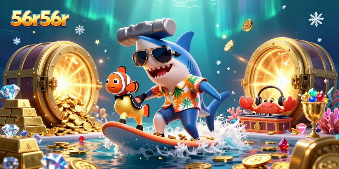 Ilustração 3D do tubarão martelo animado surfando em moedas de ouro. 56r56r atraente!
