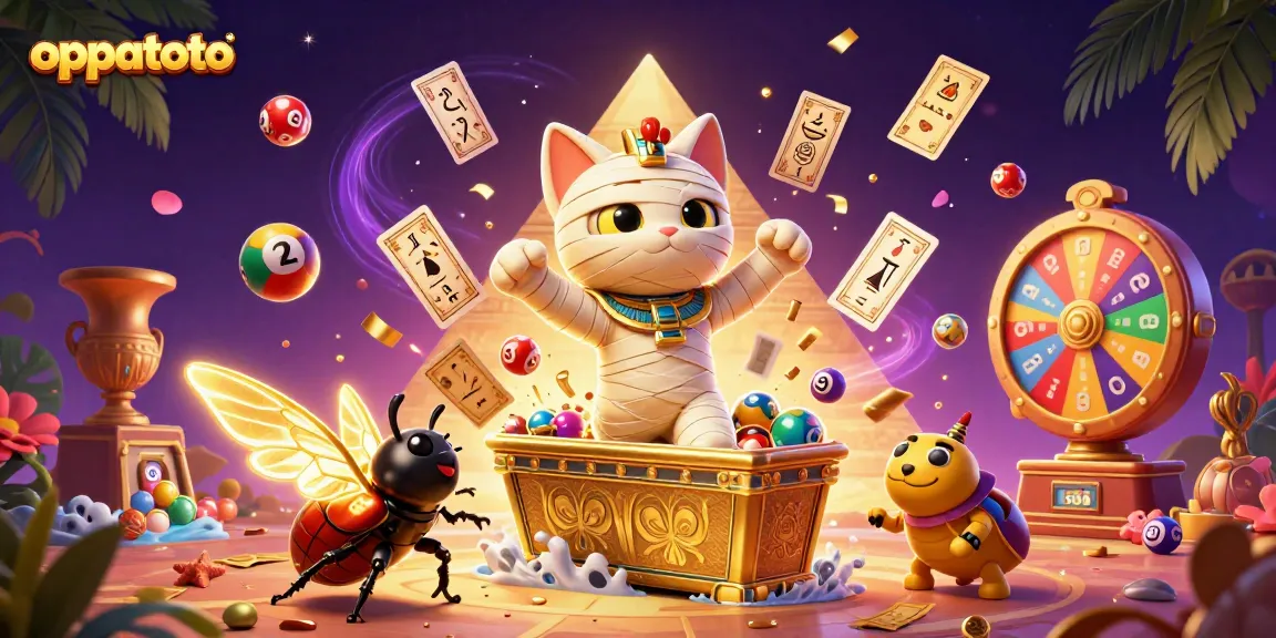 Engage with oppatoto's vibrant casino scene featuring an Egyptian mummy cat and colorful lottery elements.
