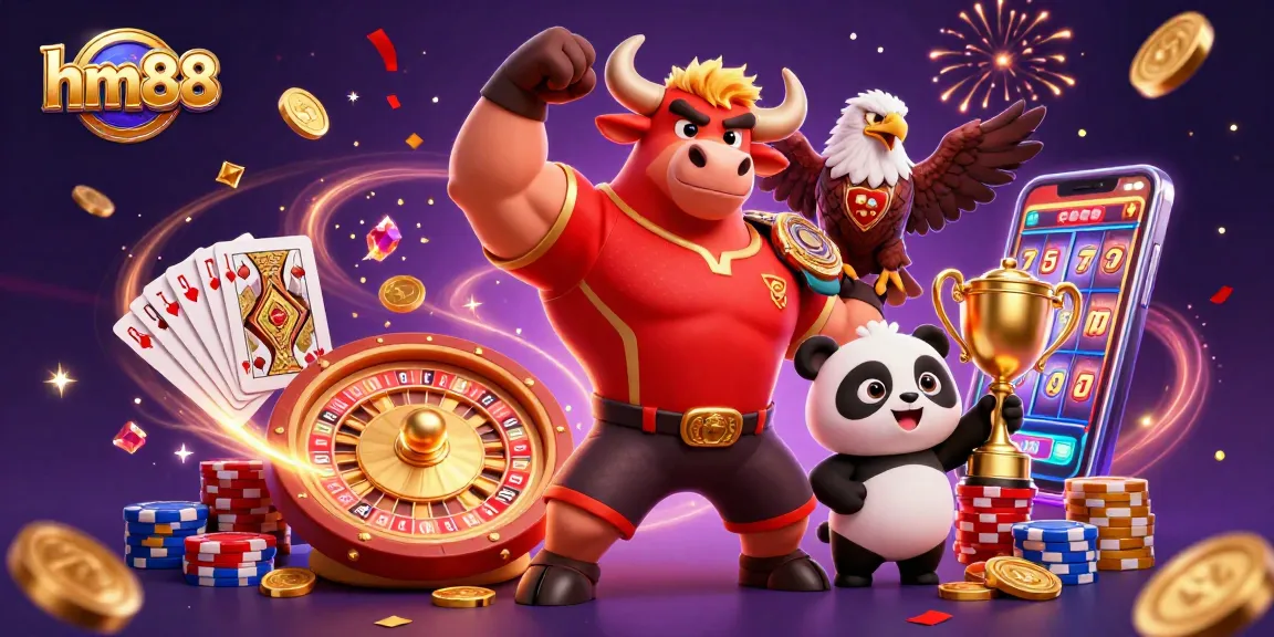 Win big at hm88 with a vibrant 3D casino scene featuring a victorious bull mascot and a cheerful panda.