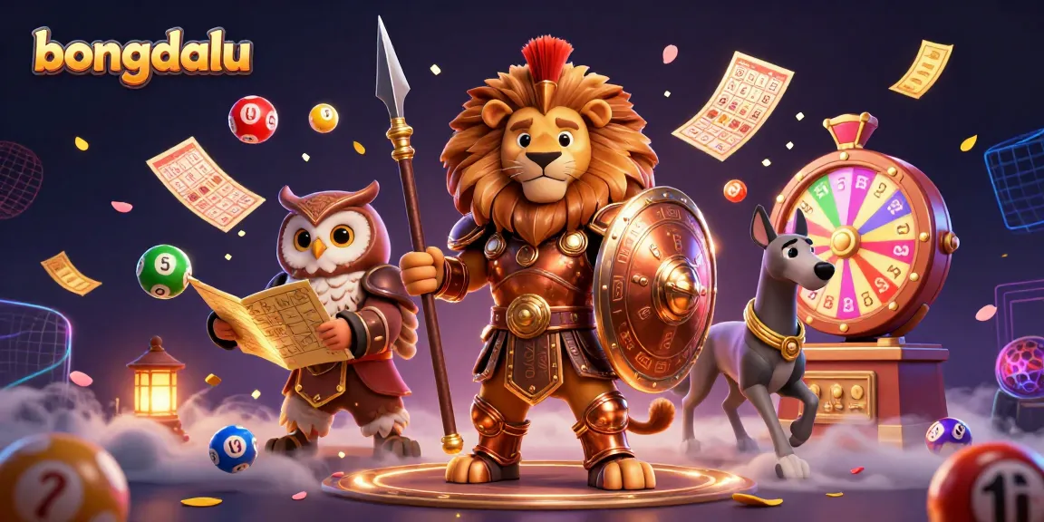 Bongdalu presents a vibrant and dynamic illustration showcasing a Spartan lion, owl strategist, and greyhound messenger amidst gambling elements.