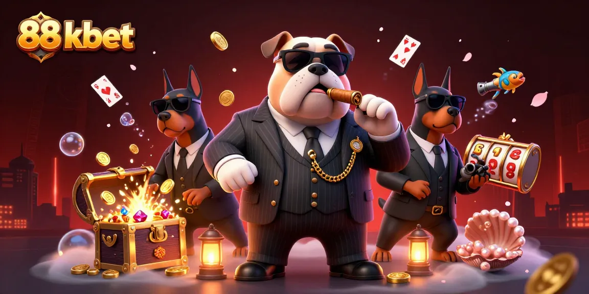 88 kbet engages players with a lively casino scene featuring a mafia bulldog amid treasures.