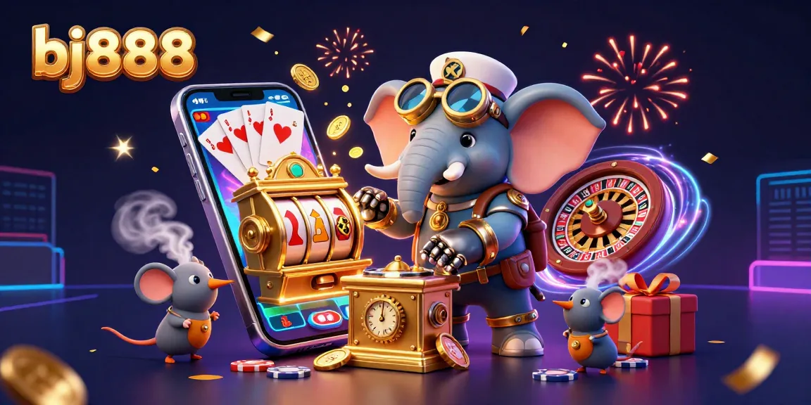 Engage with bj888's thrilling games through a vibrant 3D illustration featuring a steampunk elephant and dazzling casino elements.