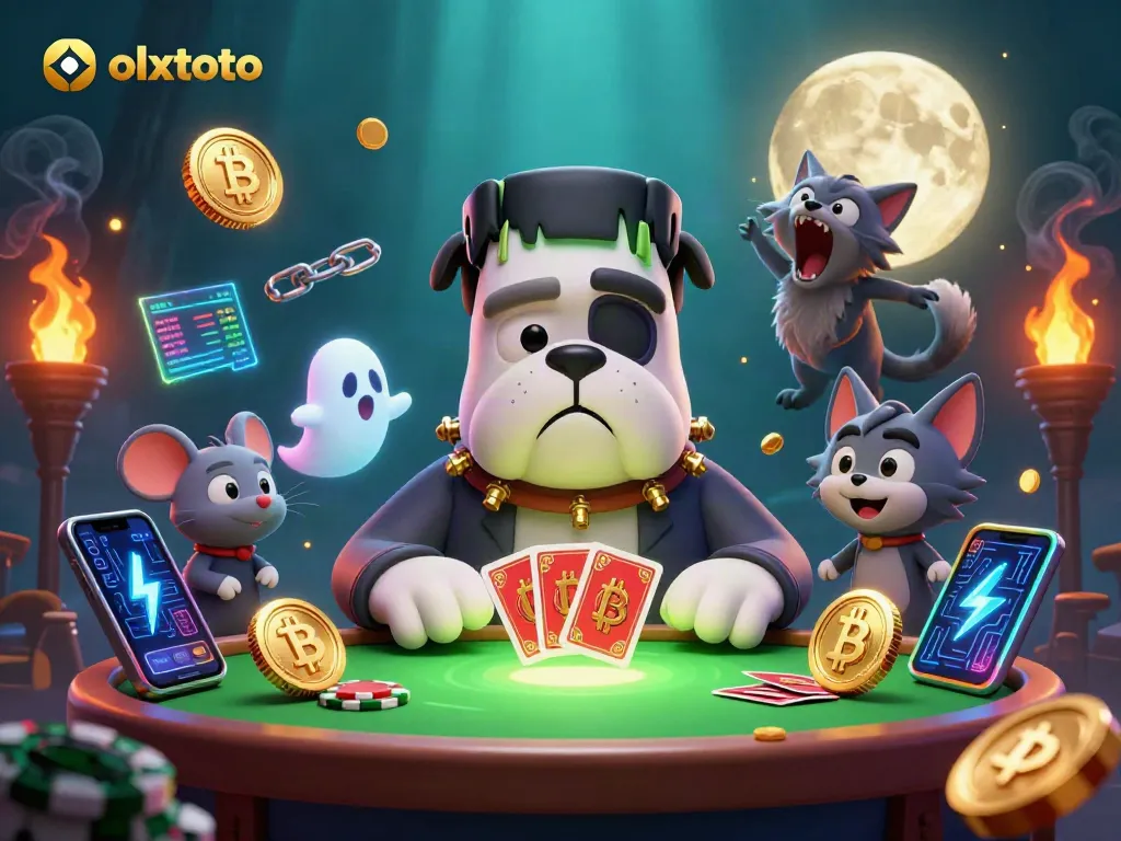 Bermain olxtoto sambil menang dengan bulldog Frankenstein dan makhluk hantu di meja berkapur.