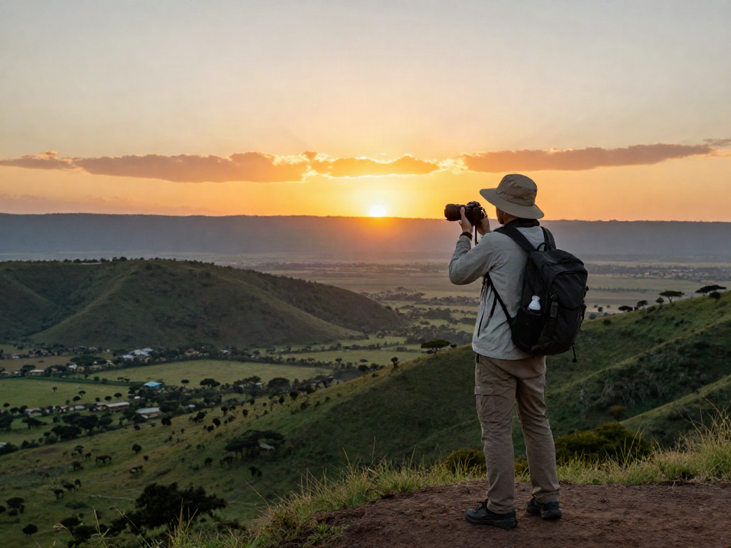 Kenya travel agency services showcased through a traveler enjoying scenic views at sunset with a backpack and camera.
