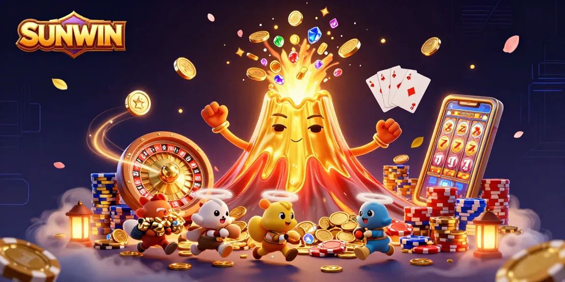 SUNWIN casino gaming illustration featuring a triumphant golden volcano, sparkling gems, and flying coins.