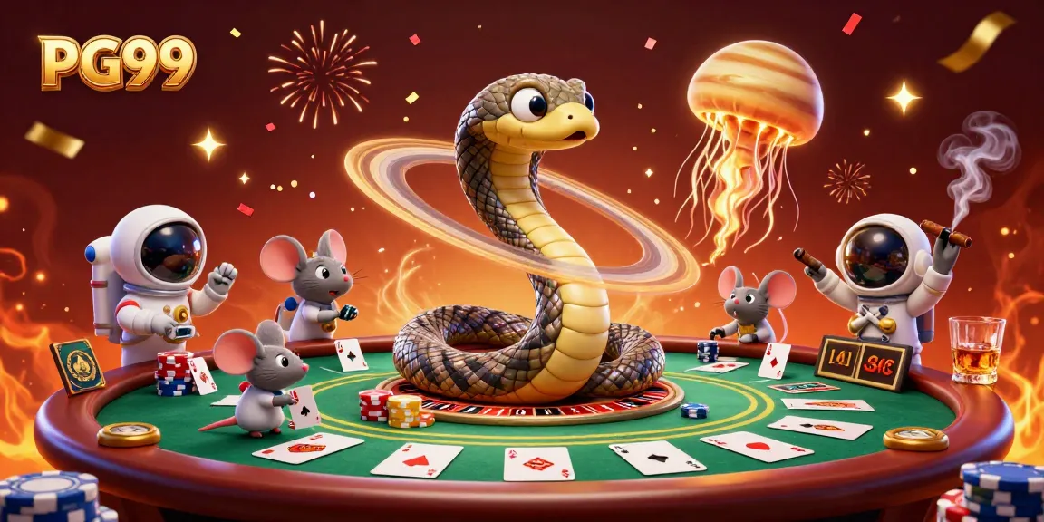 Experience the excitement of PG99 with a dynamic casino scene featuring a Saturn ring snake and astronaut mice betting on a cosmic roulette wheel.