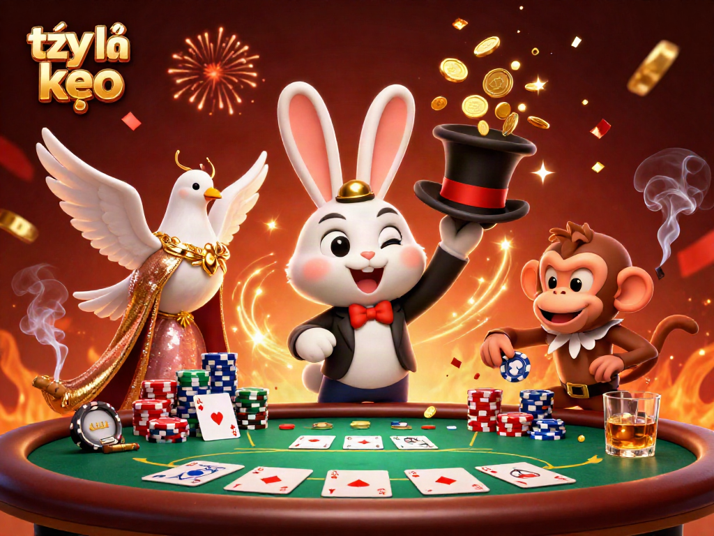 Experience thrilling tỷ lệ kèo with an illustration featuring a magician rabbit, monkey, and dove in a lively casino scene.