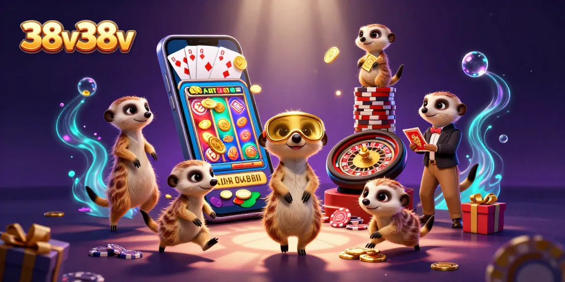 Engage in thrilling gameplay at 38v38v's cartoon casino, featuring meerkats managing vibrant games.