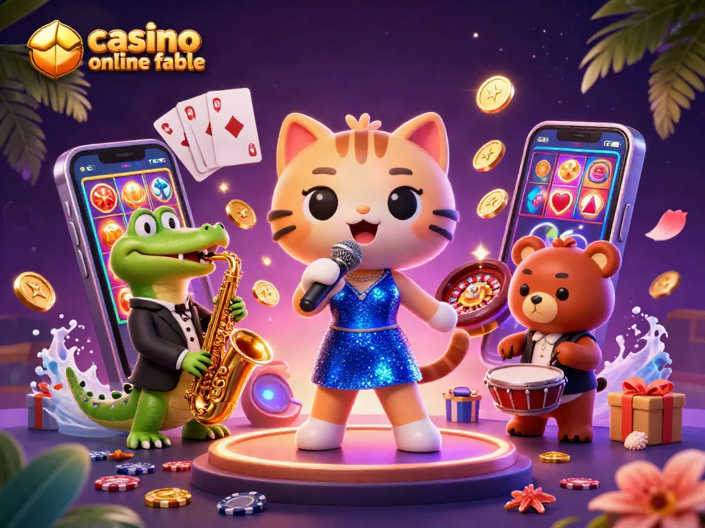 Disfruta en un casino online fiable con una actuación de un gato cantante en el escenario, rodeado de elementos de juego.