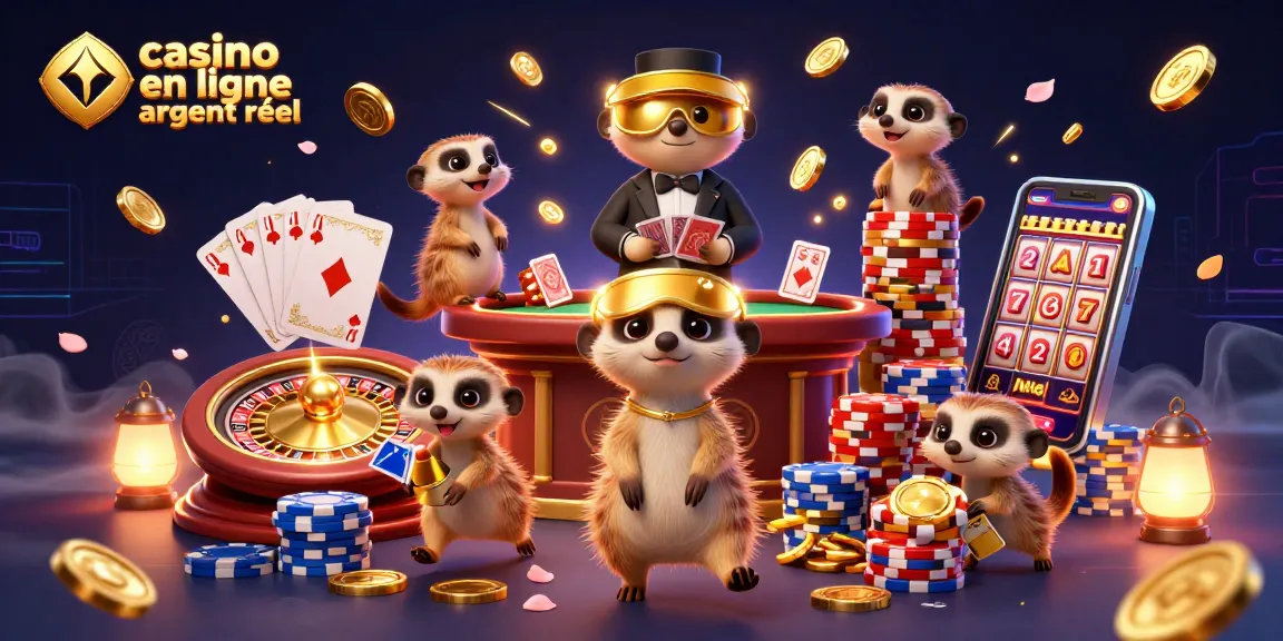 Animation de suricates gérant un casino en ligne argent réel avec des jetons et des roulettes.