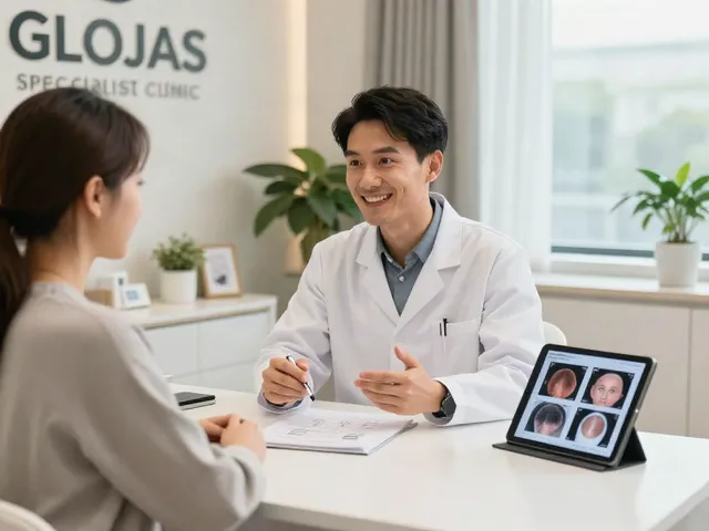 Engaged patient discussing hair transplant options with a surgeon in a modern clinic