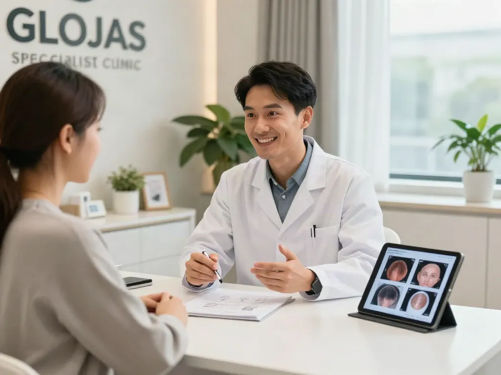 Engaged patient discussing hair transplant options with a surgeon in a modern clinic