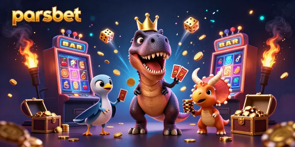 Parsbet ile 3D çizgi film stili kart oyun oynayan karakterler, büyük jackpot ve canlı renkler.