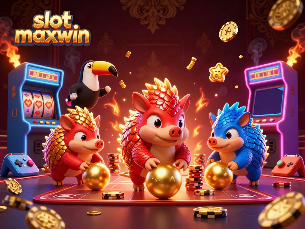 Menghadapi permainan slot maxwin dengan dua pangolin rival yang bersemangat di arena kasino penuh warna.