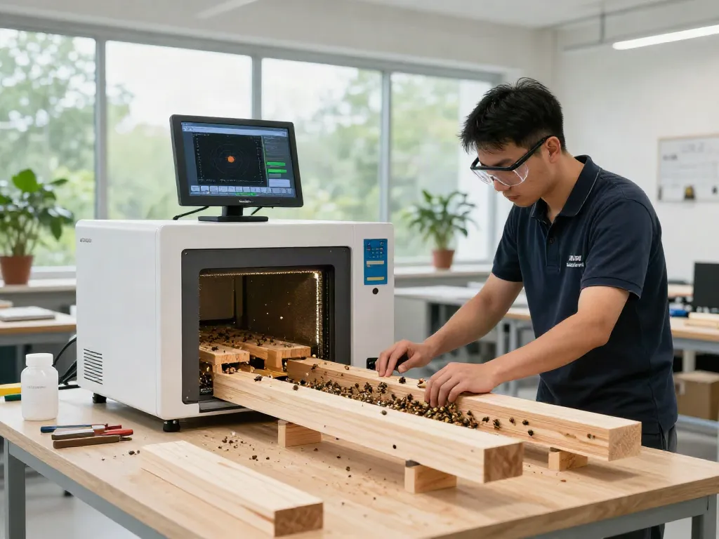 SHASHEL® technician demonstrating innovative microwave wood treatment in a modern workshop.