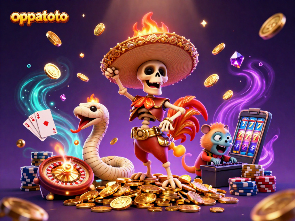 Engage with oppatoto's thrilling 3D casino scene featuring a celebratory mariachi rooster and vibrant elements.
