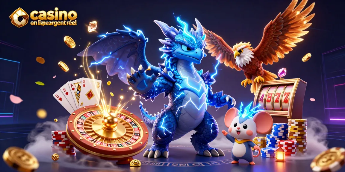 Découvrez un dragon et un aigle de casino en ligne argent réel illuminés, entourés de pièces et de cartes.