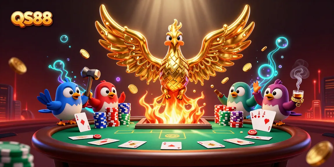Experience thrilling moments at QS88 with a vibrant golden phoenix and dynamic poker scene.