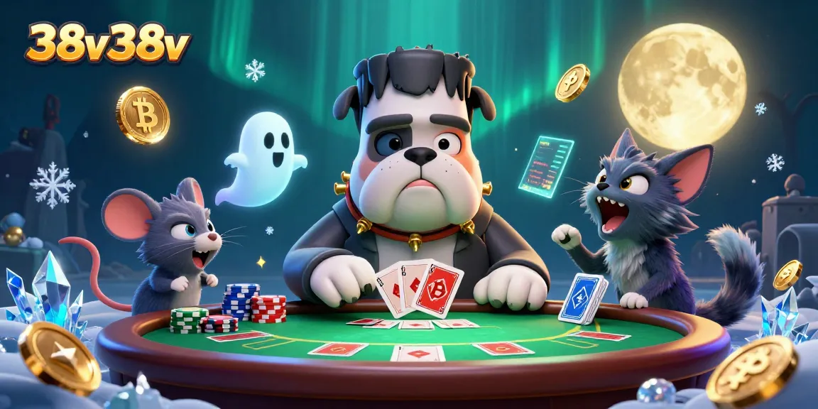 Jogue 38v38v com um bulldog Frankenstein e um gato lobisomem em uma mesa de pôquer.