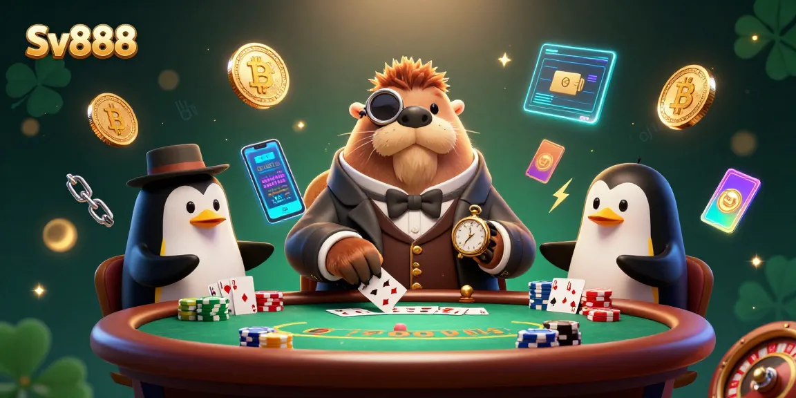 Engage in thrilling poker at Sv888 with a jolly walrus dealer and vibrant casino elements.