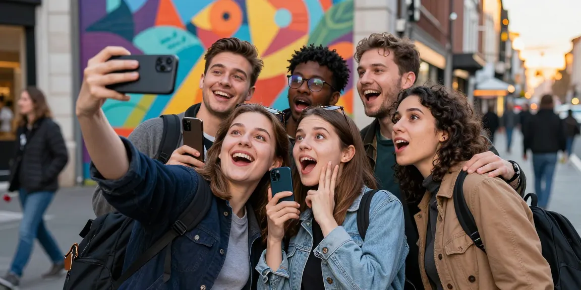 Group of friends using a smartphone app to guess how old do I look with joyful expressions in an urban setting.