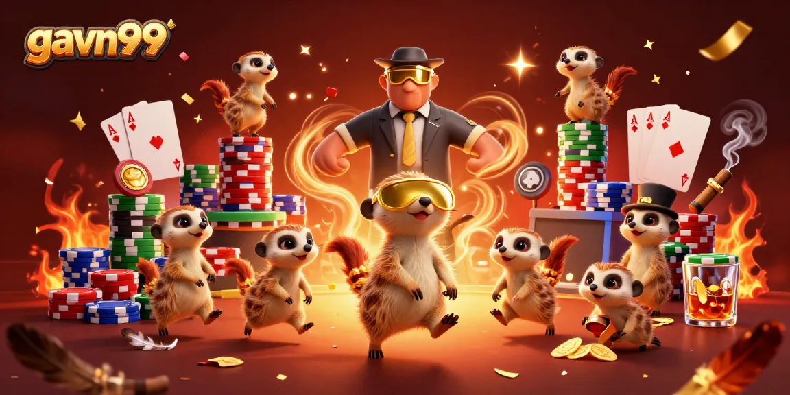Join the action at gavn99 with animated meerkats in a vibrant cockfighting casino scene.
