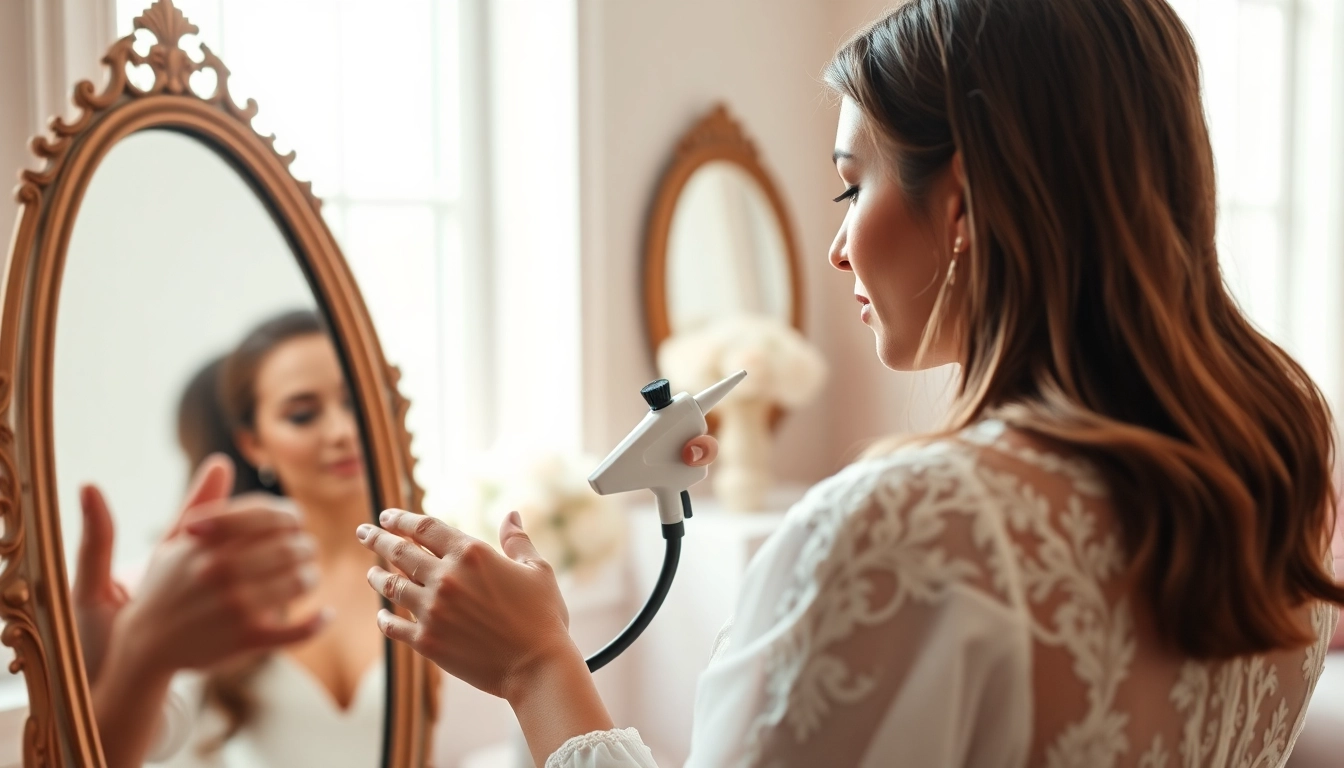 Airbrush makeup artist Dallas applying makeup to a bride, showcasing a professional atmosphere.