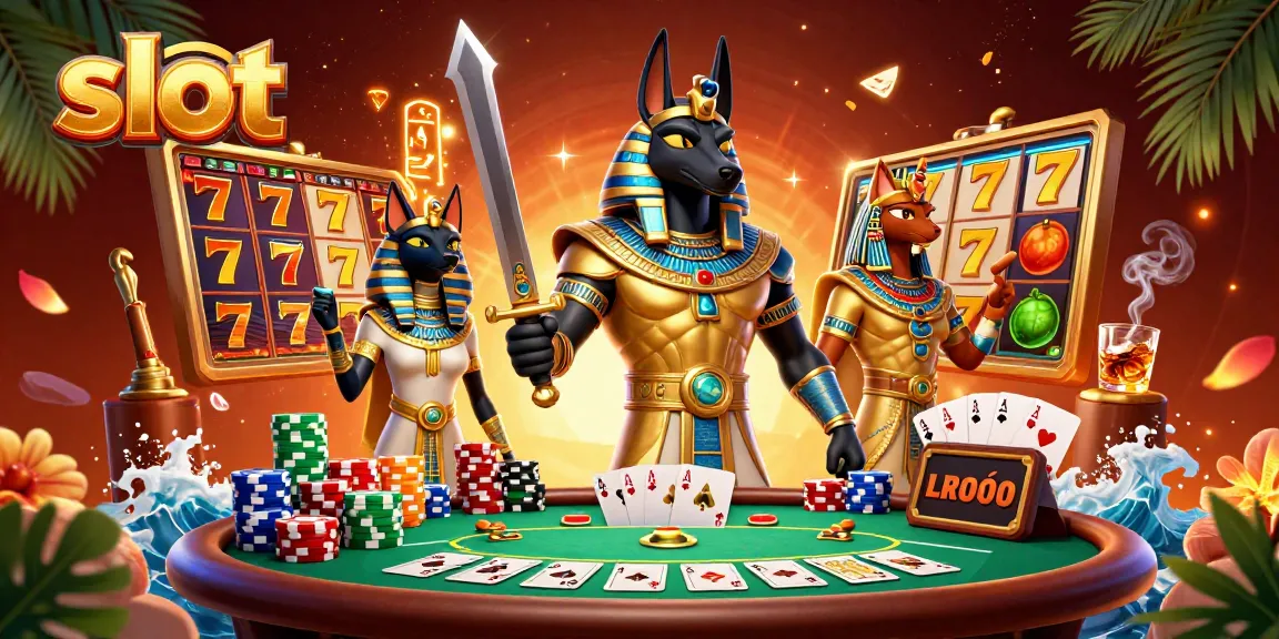 Menangkan slot dengan karakter Anubis dan Bastet dalam ilustrasi kasino kaya detail