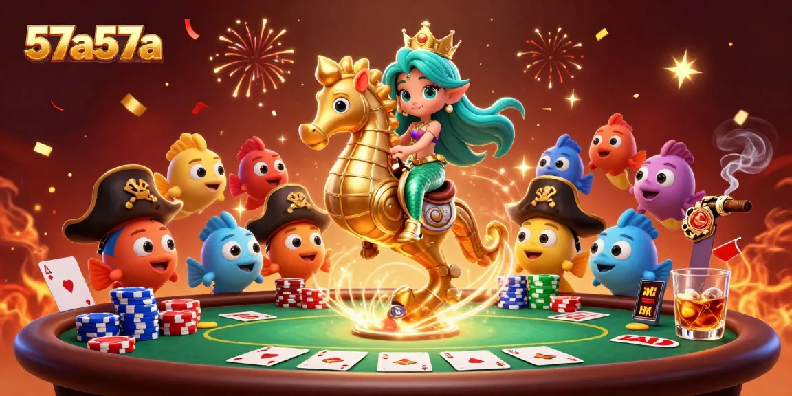 Engage with 57a57a's vibrant 3D casino scene featuring a mermaid, seahorse, and poker elements.