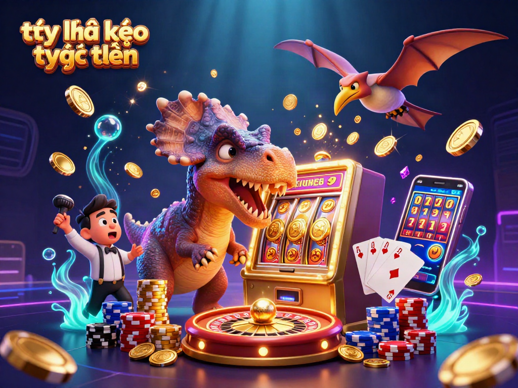 Enjoy thrilling tỷ lệ kèo trực tuyến action with dinosaurs and jackpots in this vibrant casino illustration.