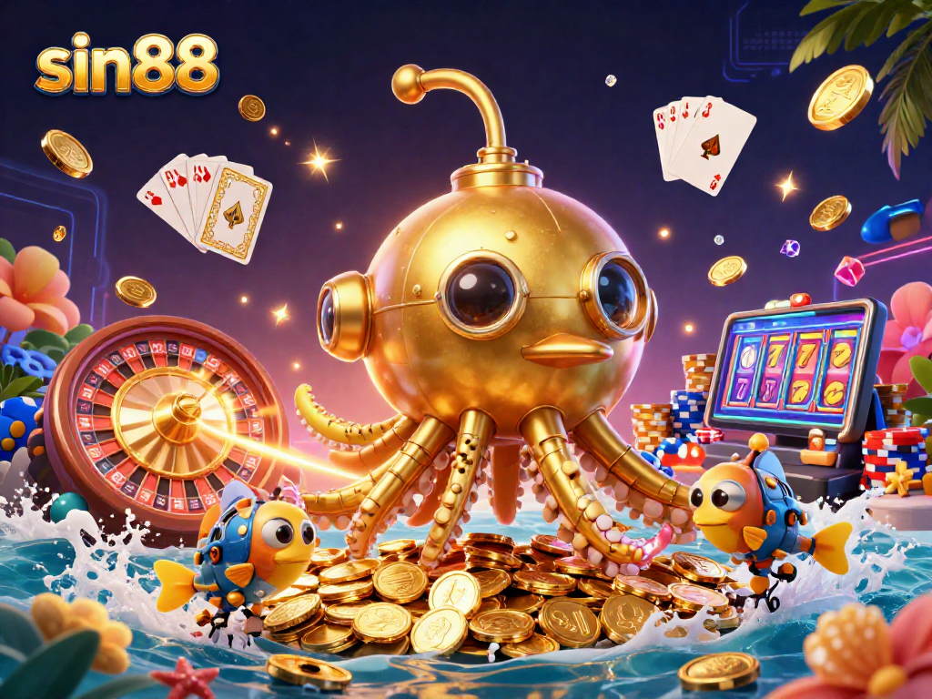 Experience thrilling action with sin88's diverse gaming opportunities showcased in a vibrant 3D illustration.