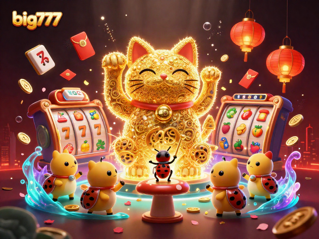 Experience big777 excitement with a swirling lucky cat, slot reels, and vibrant casino symbols!