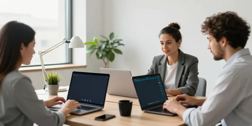 Deepfake free meetings with a diverse team engaged in video conferencing showcasing advanced detection technology.